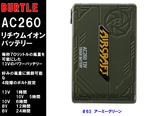 AC260【Air Craft by BURTLE】新型１３Ｖパワーリチウムイオンバッテリー【バートル AC260】ＵＳＢ対応ＡＣアダプター（充電器）/熱中症対策